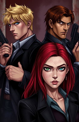 A young mafia scene featuring two male figures and one female figure in a vengeful atmosphere