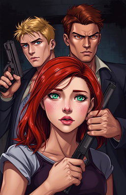 A young mafia scene featuring two male figures and one female figure in a vengeful atmosphere