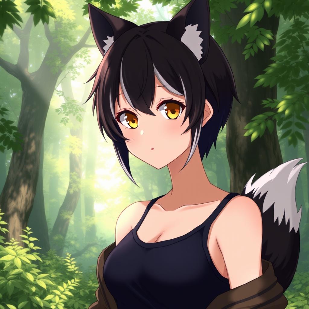 An anime female character with a short black pixie mullet hairstyle featuring some white strands, and soft yellow-golden eyes