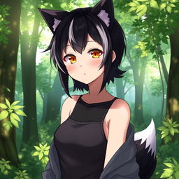 An anime female character with a short black pixie mullet hairstyle featuring some white strands, and soft yellow-golden eyes