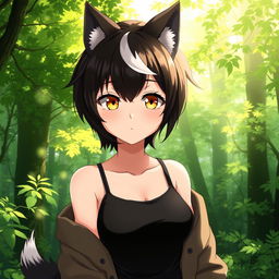 An anime female character with a short black pixie mullet hairstyle featuring some white strands, and soft yellow-golden eyes