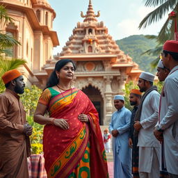 A mature Indian woman, depicted as a busty BBW teacher, elegantly wearing a colorful saree, standing outside a magnificent Indian temple