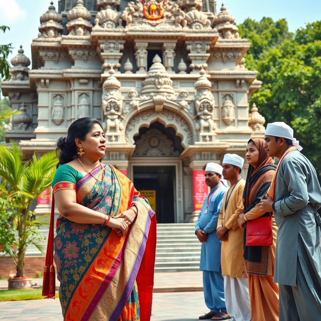 A mature Indian woman, depicted as a busty BBW teacher, elegantly wearing a colorful saree, standing outside a magnificent Indian temple