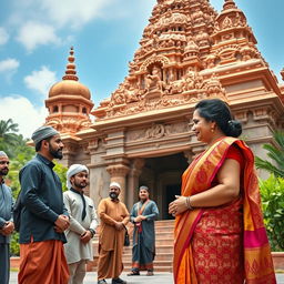 A mature Indian woman, depicted as a busty BBW teacher, elegantly wearing a colorful saree, standing outside a magnificent Indian temple