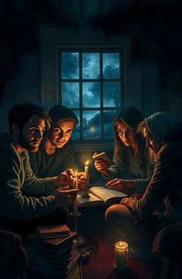 A chilling scene depicting four friends gathered in a dimly lit room, their faces illuminated by flickering candlelight, each with a tense expression