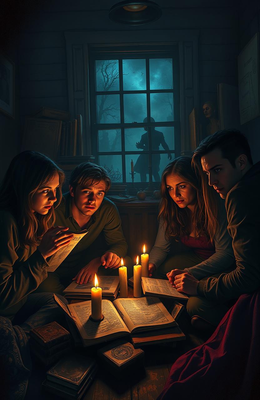 A chilling scene depicting four friends gathered in a dimly lit room, their faces illuminated by flickering candlelight, each with a tense expression