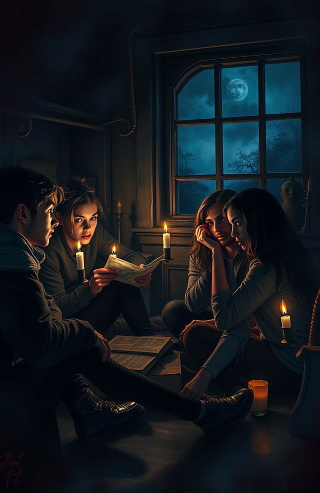 A chilling scene depicting four friends gathered in a dimly lit room, their faces illuminated by flickering candlelight, each with a tense expression