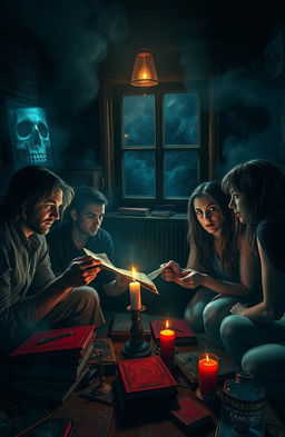 A chilling scene depicting four friends gathered in a dimly lit room, their faces illuminated by flickering candlelight, each with a tense expression