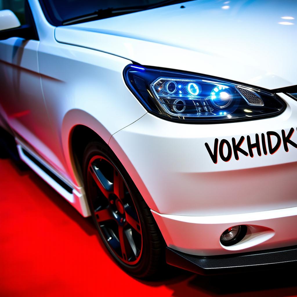 A stylish white Uzbek Lada car equipped with a prominent spoiler, featuring elegant 5-spoke wheels painted in black