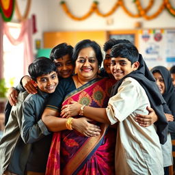 A mature Indian woman, depicted as a busty BBW teacher, gracefully wearing a colorful saree, surrounded by a group of teenage Muslim boys