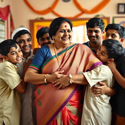 A mature Indian woman, depicted as a busty BBW teacher, gracefully wearing a colorful saree, surrounded by a group of teenage Muslim boys