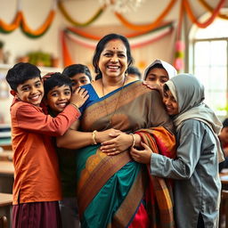 A mature Indian woman, depicted as a busty BBW teacher, gracefully wearing a colorful saree, surrounded by a group of teenage Muslim boys