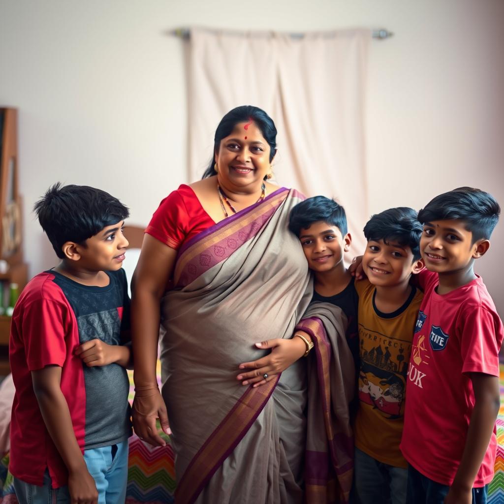 A mature Indian woman, depicted as a busty BBW, wearing a beautiful and elegant saree, stands in a soft-lit bedroom environment