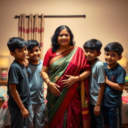 A mature Indian woman, depicted as a busty BBW, wearing a beautiful and elegant saree, stands in a soft-lit bedroom environment