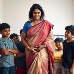 A mature Indian woman, depicted as a busty BBW, wearing a beautiful and elegant saree, stands in a soft-lit bedroom environment