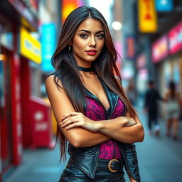 A beautiful and alluring young woman standing confidently while wearing a fashionable and stylish outfit