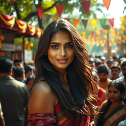 An Indian woman with confident features and striking beauty stands in a vibrant yet chaotic park scene
