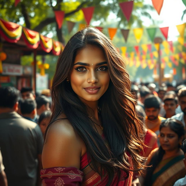An Indian woman with confident features and striking beauty stands in a vibrant yet chaotic park scene