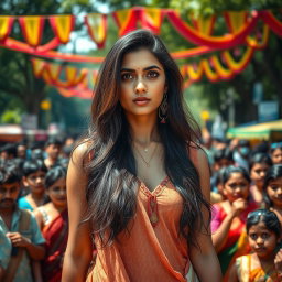 An Indian woman with confident features and striking beauty stands in a vibrant yet chaotic park scene