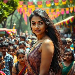An Indian woman with confident features and striking beauty stands in a vibrant yet chaotic park scene