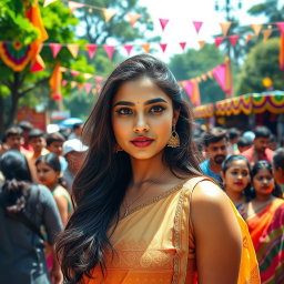 An Indian woman with confident features and striking beauty stands in a vibrant yet chaotic park scene