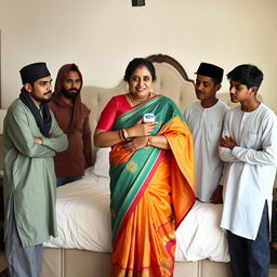 A mature Indian woman, depicted as a busty BBW, gracefully wearing a vibrant saree, stands in a cozy room in front of a large, beautifully made bed