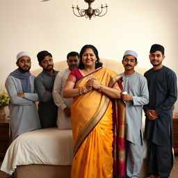 A mature Indian woman, depicted as a busty BBW, gracefully wearing a vibrant saree, stands in a cozy room in front of a large, beautifully made bed