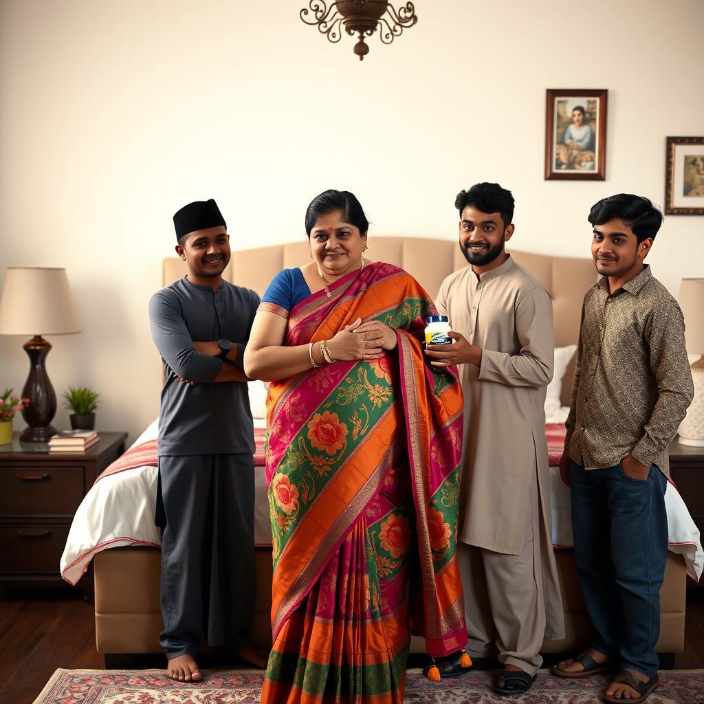 A mature Indian woman, depicted as a busty BBW, gracefully wearing a vibrant saree, stands in a cozy room in front of a large, beautifully made bed