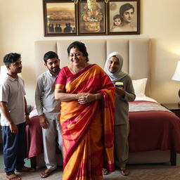 A mature Indian woman, depicted as a busty BBW, gracefully wearing a vibrant saree, stands in a cozy room in front of a large, beautifully made bed
