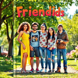 A book cover featuring four close friends standing together in a vibrant, colorful park