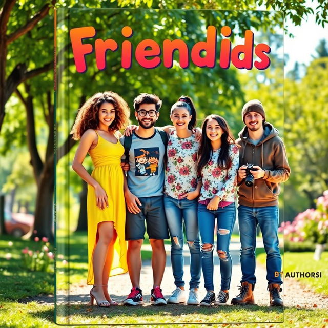 A book cover featuring four close friends standing together in a vibrant, colorful park