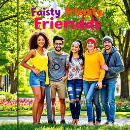 A book cover featuring four close friends standing together in a vibrant, colorful park