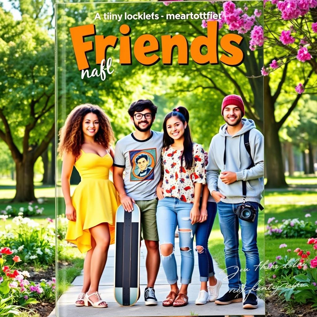 A book cover featuring four close friends standing together in a vibrant, colorful park