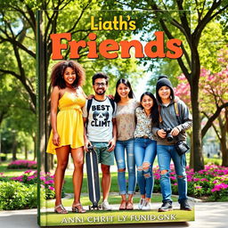 A book cover featuring four close friends standing together in a vibrant, colorful park