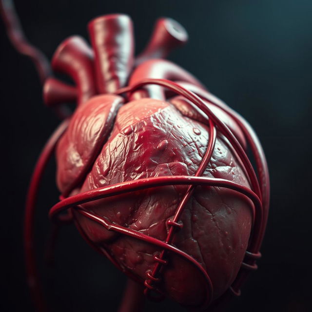 A detailed, close-up view of a human heart wrapped tightly by narrowing blood vessels, showing realistic textures and colors