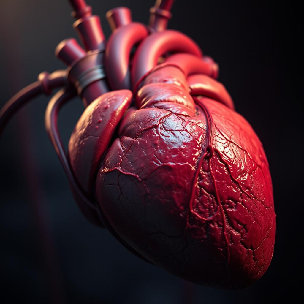 A detailed, close-up view of a human heart wrapped tightly by narrowing blood vessels, showing realistic textures and colors