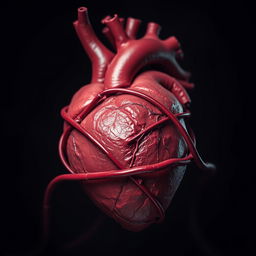 A detailed, close-up view of a human heart wrapped tightly by narrowing blood vessels, showing realistic textures and colors