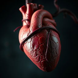A detailed, close-up view of a human heart wrapped tightly by narrowing blood vessels, showing realistic textures and colors