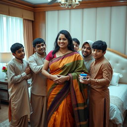 An Indian woman, depicted as a busty BBW, elegantly dressed in a colorful saree, stands in a cozy room