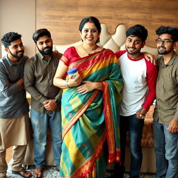 An Indian woman, depicted as a busty BBW, elegantly dressed in a colorful saree, stands in a cozy room