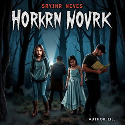 A chilling book cover featuring four friends in a dark, eerie forest at twilight