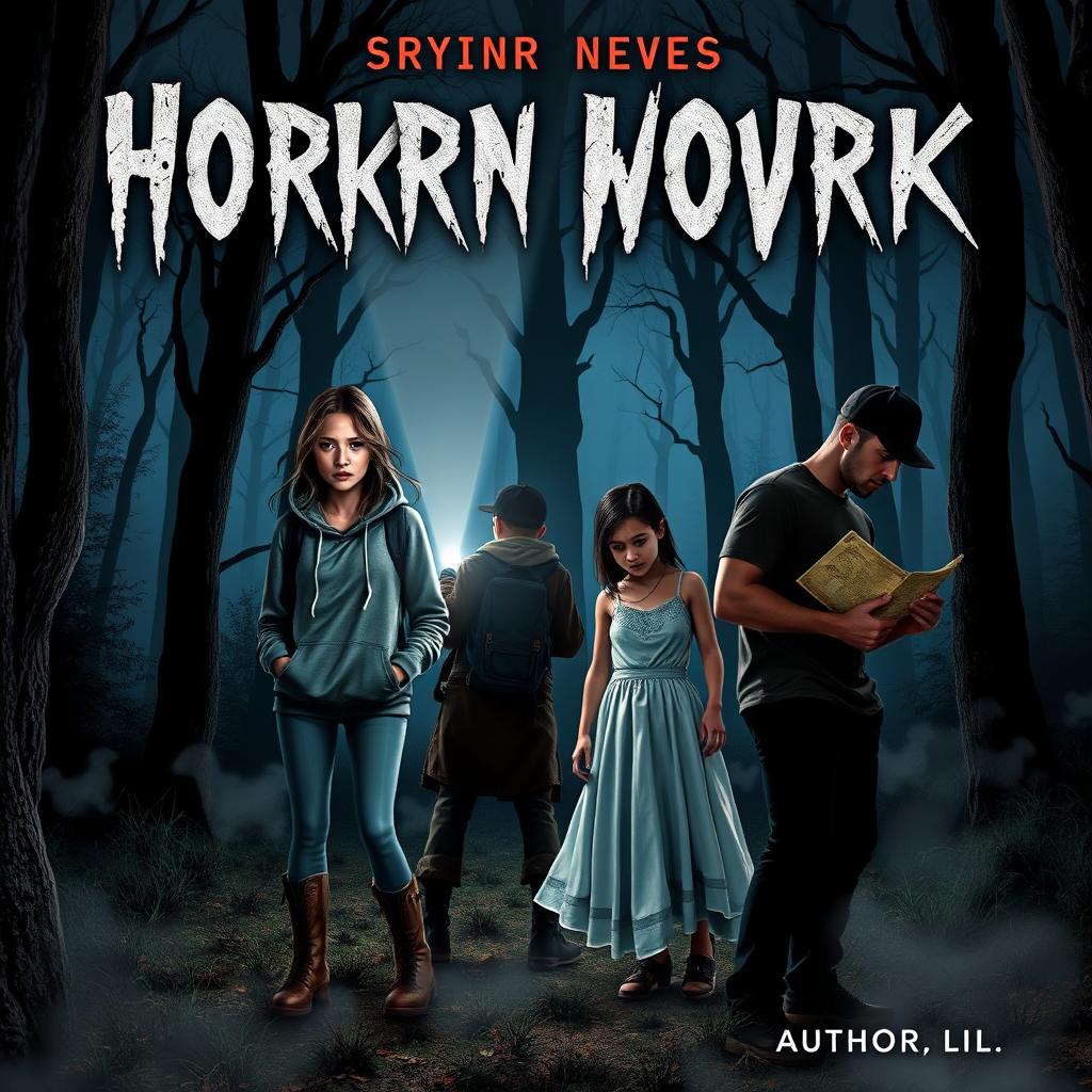 A chilling book cover featuring four friends in a dark, eerie forest at twilight