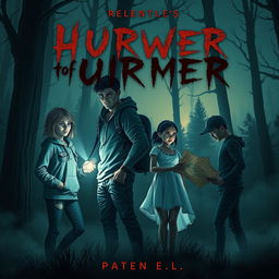 A chilling book cover featuring four friends in a dark, eerie forest at twilight