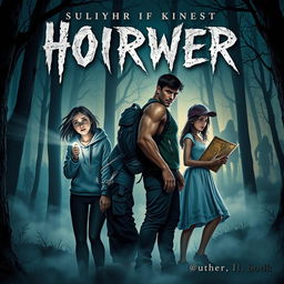 A chilling book cover featuring four friends in a dark, eerie forest at twilight