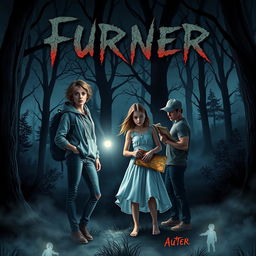 A chilling book cover featuring four friends in a dark, eerie forest at twilight