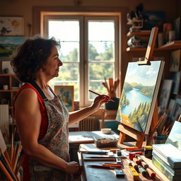 An artist at work in a cozy, warmly lit studio, surrounded by traditional art supplies like paintbrushes, oil paints, and canvases