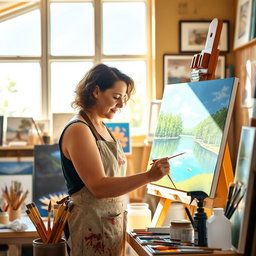 An artist at work in a cozy, warmly lit studio, surrounded by traditional art supplies like paintbrushes, oil paints, and canvases