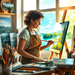 An artist at work in a cozy, warmly lit studio, surrounded by traditional art supplies like paintbrushes, oil paints, and canvases