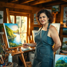 An artist at work in a cozy, warmly lit studio, surrounded by traditional art supplies like paintbrushes, oil paints, and canvases