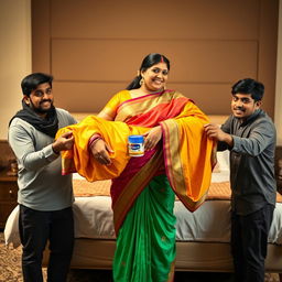 An Indian woman, portrayed as a busty BBW, is elegantly dressed in a colorful saree